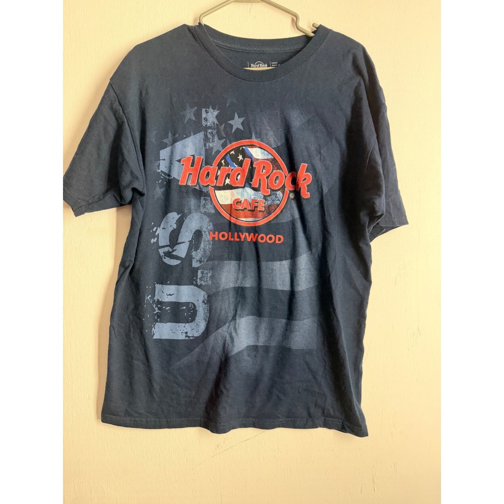 Hard Rock Cafe Hollywood T Shirt Mens Large Navy Blue USA Flag Graphic Tee